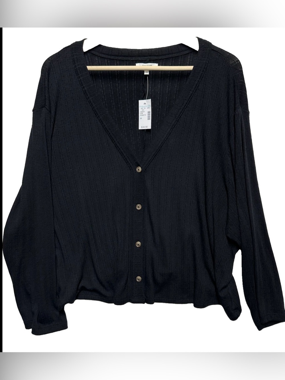Maurices Plus Size 3X Black Ribbed Dolman Sleeve Button Cardigan NWT
